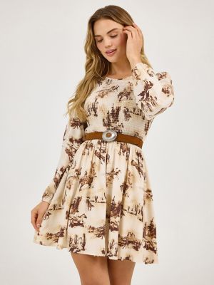 Women's Smocked Bodice A-Line Dress in Cream