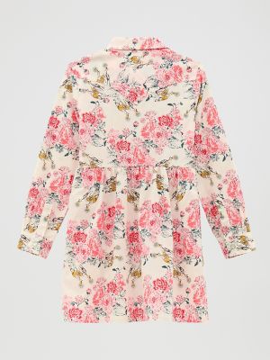 Girl's Long Sleeve Printed Western Snap Dress in Floral White