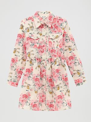 Girl's Long Sleeve Printed Western Snap Dress in Floral White