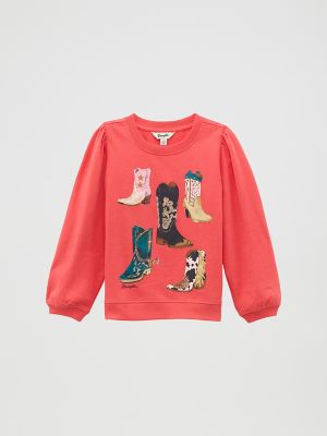 Girl's Wrangler Graphic Puff Sleeve Pullover in Pink