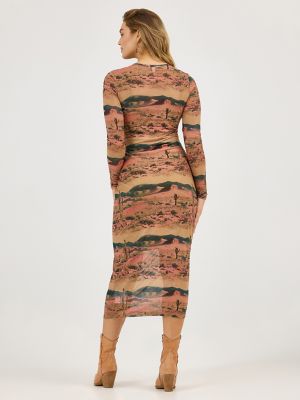 Women's Desert Print Mesh Maxi Dress in Desert Tan