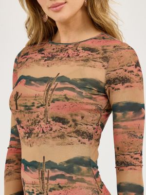 Women's Desert Print Mesh Maxi Dress in Desert Tan