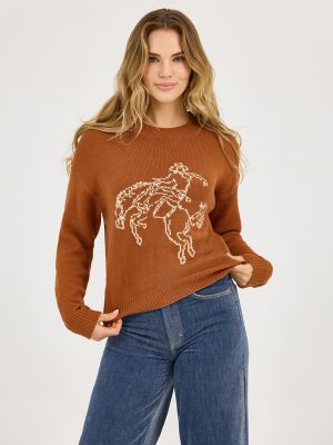 Women's Wrangler Horse Intarsia Crew Neck Sweater in Rust