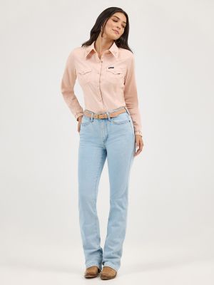 Women's Embroidered Collar Slim Western Snap Shirt in Pink
