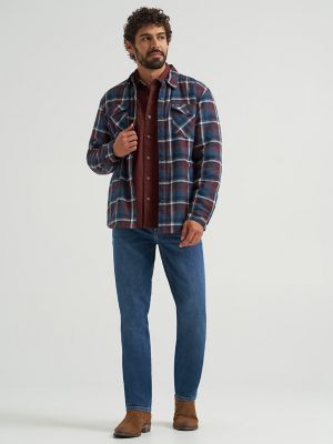 Men's Heavyweight Sherpa Lined Plaid Shirt Jacket in Dark Sapphire