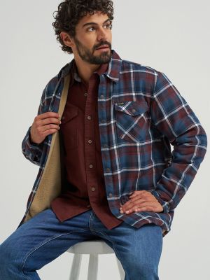 Men's Heavyweight Sherpa Lined Plaid Shirt Jacket in Dark Sapphire