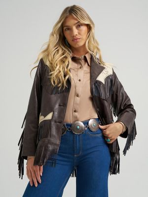 Wrangler x Lainey Wilson Faux Leather Fringe Jacket in Brown