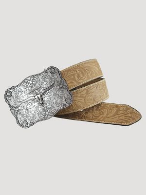 Men's Embossed Western Buckle Belt in Tan main view