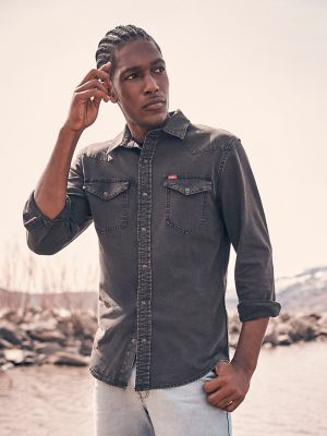 Men's Denim Western Snap Shirt in Black Wash main view