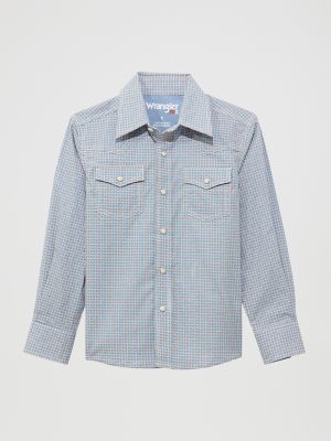 Wrangler Kids' Boy's ® 20x® Advanced Comfort Western Snap Print Shirt In Blue Stops