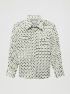 Wrangler Kids' Boy's ® 20x® Advanced Comfort Western Snap Print Shirt In Olive Cacti In Green