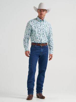 Wrangler&reg; George Strait&trade; Long Sleeve Button Down One Pocket Shirt in Aqua Paisley