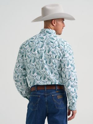 Wrangler&reg; George Strait&trade; Long Sleeve Button Down One Pocket Shirt in Aqua Paisley