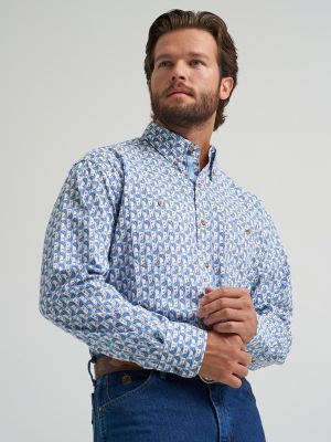 Wrangler&reg; George Strait&trade; Long Sleeve Button Down Two Pocket Shirt in Baby Blue Paisley