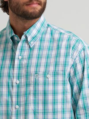 Wrangler&reg; George Strait&trade; Long Sleeve Button Down One Pocket Shirt in Aqua Madras