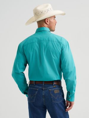 Wrangler&reg; George Strait&trade; Solid One Pocket Button Down Shirt in Aqua alternative view 2