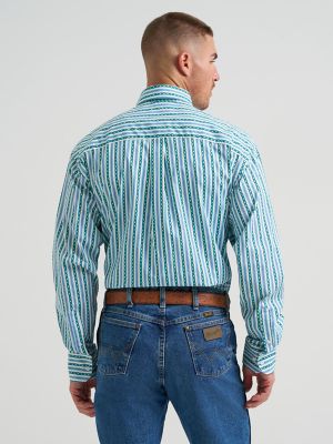 Wrangler&reg; George Strait&trade; Long Sleeve Button Down One Pocket Shirt in Aqua Chain Stripe