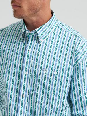 Wrangler&reg; George Strait&trade; Long Sleeve Button Down One Pocket Shirt in Aqua Chain Stripe