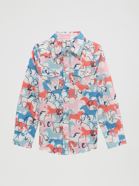 Детские рубашки Wrangler Girl's Cowboy Horse Print Western Snap Shirt