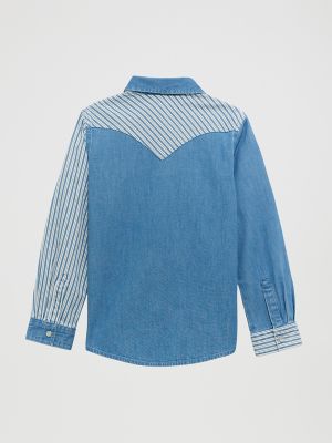 Girl's Patchwork Western Snap Shirt in Denim Stripes
