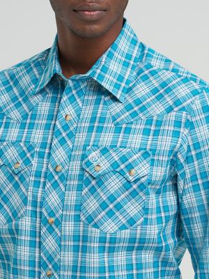 Mens Retro Long Sleeve Plaid Snap Shirt:Deep Sea:XXL alternative view 3