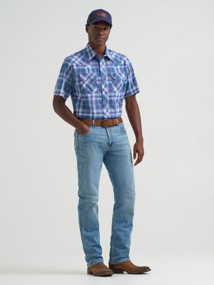 Men's Wrangler Retro&reg; Short Sleeve Sawtooth Pocket Western Snap Shirt in Navy Orchid