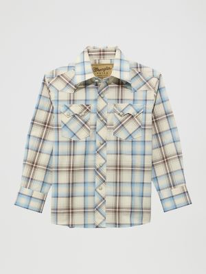 Wrangler Kids' Boy's  Retro® Western Snap Plaid Shirt With Front Sawtooth Pockets In Historic Tan In Brown