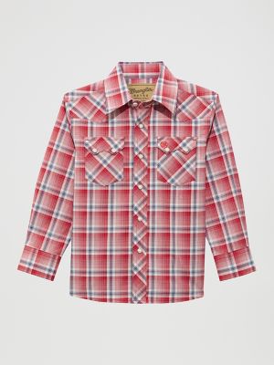Wrangler Kids' Boy's  Retro® Western Snap Plaid Shirt With Front Sawtooth Pockets In Red Vermilion