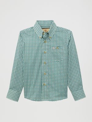 Wrangler Kids' Boy's Classic Button-down Print Shirt In Turquoise Diamond In Blue