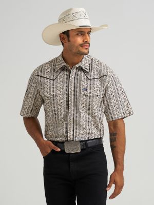 Vintage-Inspired Piped Printed Western Snap Shirt in Ecru