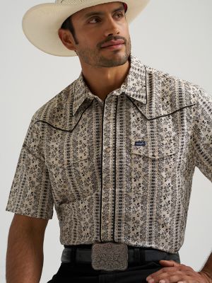 Vintage-Inspired Piped Printed Western Snap Shirt in Ecru
