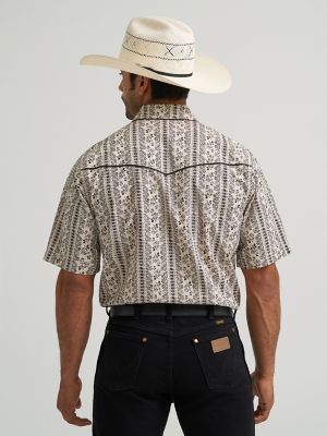 Vintage-Inspired Piped Printed Western Snap Shirt in Ecru