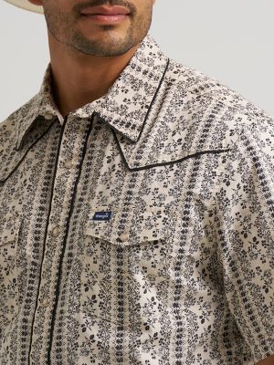 Vintage-Inspired Piped Printed Western Snap Shirt in Ecru