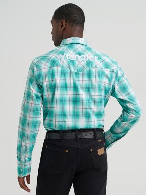 Men's Wrangler&reg; Logo Long Sleeve Western Snap Shirt in Turquoise Sea