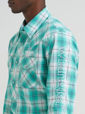 Men's Wrangler&reg; Logo Long Sleeve Western Snap Shirt in Turquoise Sea