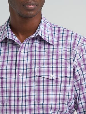 Men's Wrinkle Resist Long Sleeve Western Snap Plaid Shirt in Violet