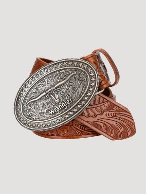 Men's Trophy Buckle Embossed Belt in Cognac