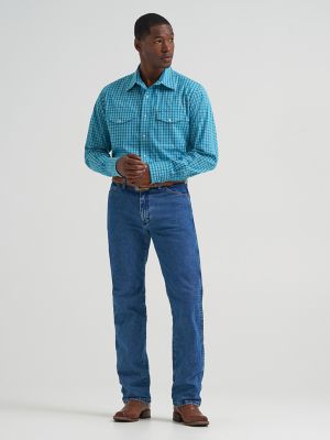 Men's Wrinkle Resist Long Sleeve Western Snap Plaid Shirt in Rich Teal
