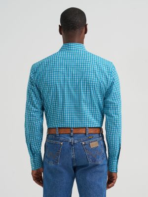Men's Wrinkle Resist Long Sleeve Western Snap Plaid Shirt in Rich Teal
