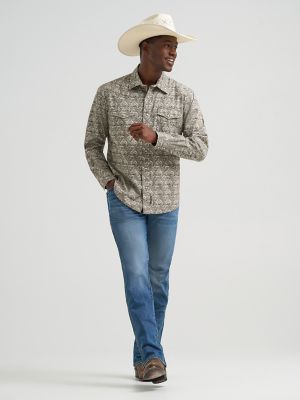Men's Wrangler&reg; Retro&reg; Premium Long Sleeve Western Snap Printed Shirt in Taupe Feather