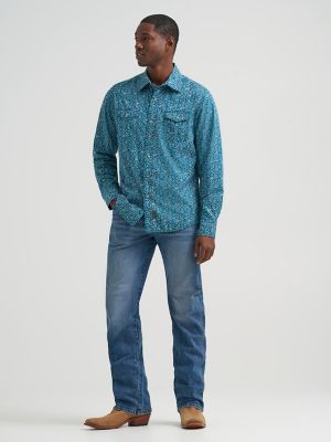 Mens Retro Premium Long Sleeve Western Snap Print:Happy Teal:L alternative view