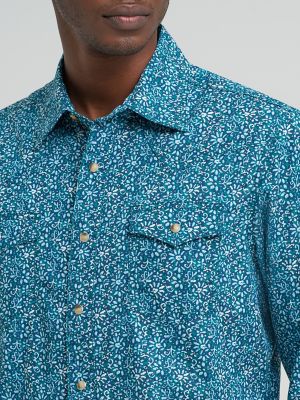 Mens Retro Premium Long Sleeve Western Snap Print:Happy Teal:L alternative view 3