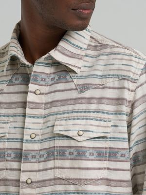 VTG Wrangler Shirt Men's Large Blue Striped Pearl Snap