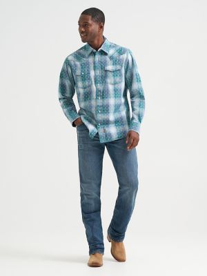 Mens Retro Premium LS Western Snap Plaid Shirt:Pebbled Blue:L alternative view