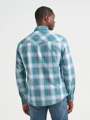 Mens Retro Premium LS Western Snap Plaid Shirt:Pebbled Blue:L alternative view 2