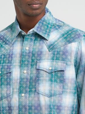 Mens Retro Premium LS Western Snap Plaid Shirt:Pebbled Blue:L alternative view 3