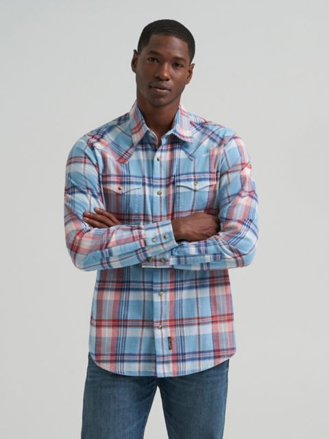 Мужские рубашки Wrangler Men's Wrangler Retro® Premium Long Sleeve Western Snap Plaid Shirt