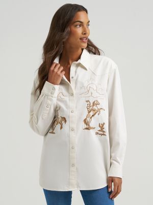 Women's Embroidered Boyfriend Western Snap Denim Shirt