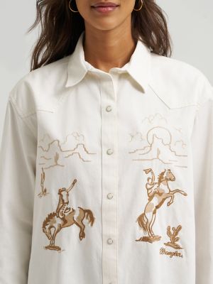 Women's Embroidered Boyfriend Western Snap Denim Shirt | TOPS