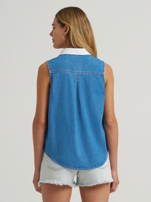 Women's Wrangler Embellished Denim Sleeveless Snap Shirt | NEW